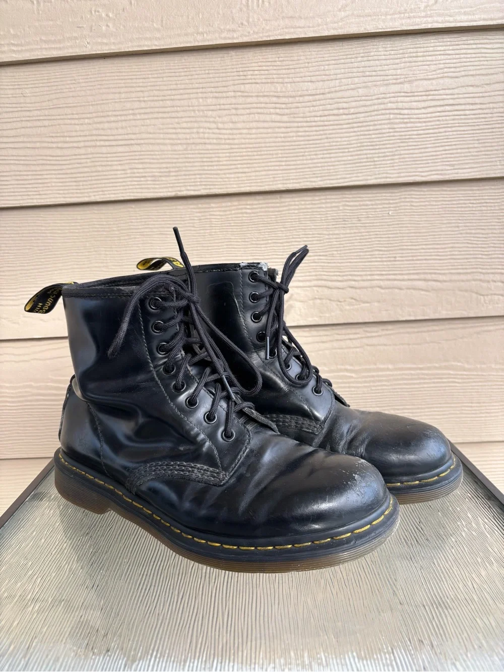 Dr. Martens Black Leather 8-Eye Combat Boots with Yellow Welt Stitching